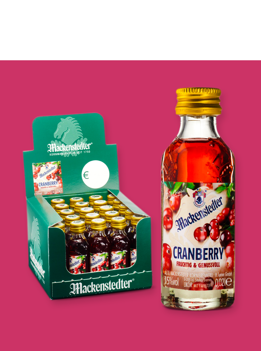 Das Foto einer Kleinflasche Cranberry (vergrößert) und einer 25er-Box