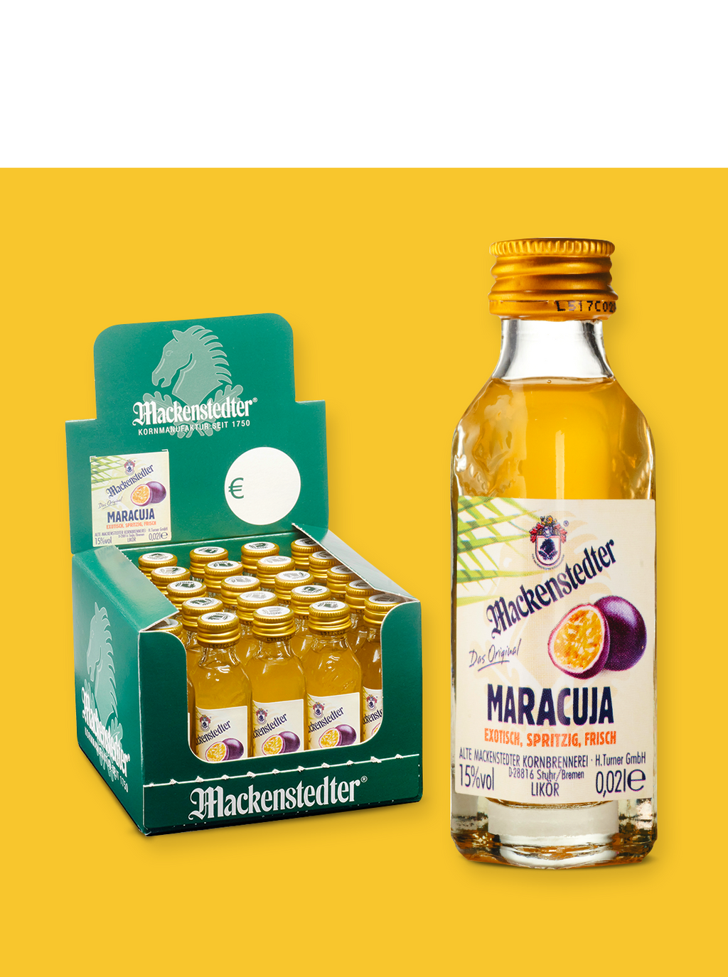 Das Foto einer Flasche Maracuja (vergrößert) und einer 25er-Box.