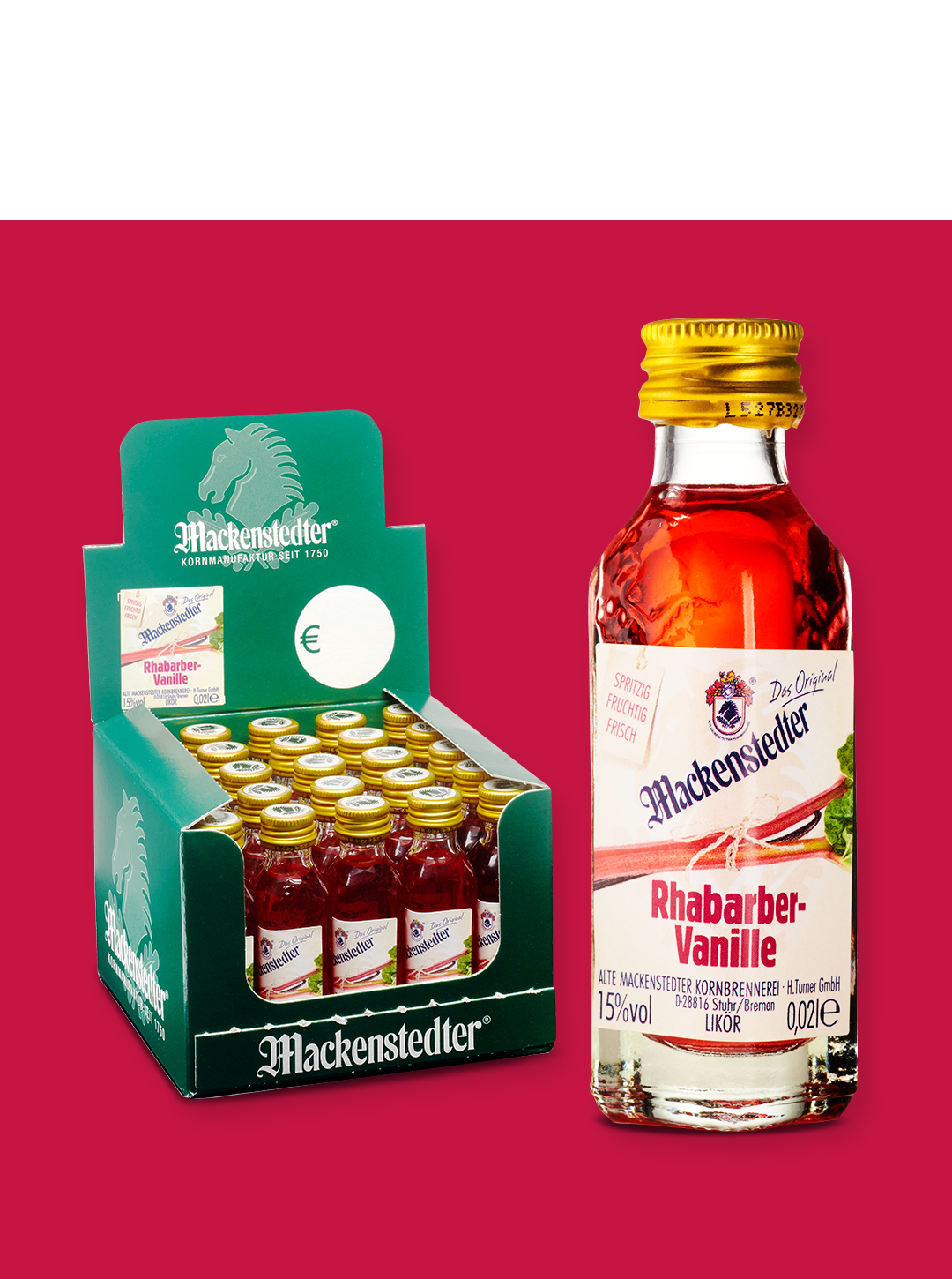 Das Foto einer Flasche Rhabarber-Vanille (vergrößert) und einer 25er-Box.