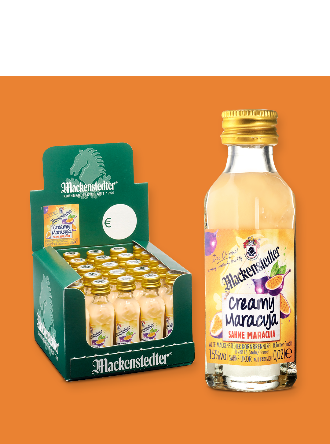 Das Foto einer Flasche Creamy Maracuja (vergrößert) und einer 25er-Box.